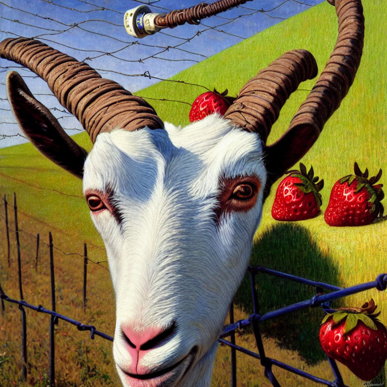 Surreal goat with long curved horns in whimsical setting