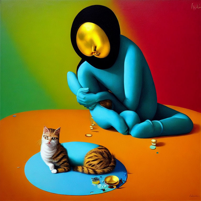 Surreal blue humanoid figure with golden face near cat, spilled pills, broken egg on vibrant background