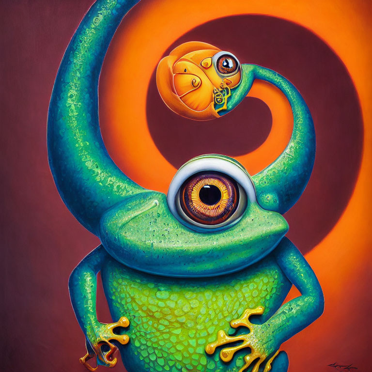 Vibrant artwork featuring stylized green frog with central eye and orange creature in spiral patterns