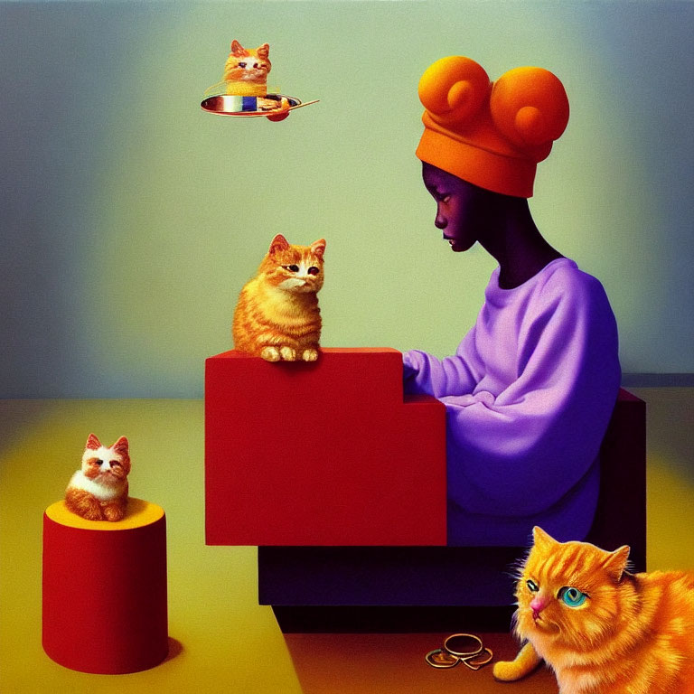 Person in Purple Sweater with Four Orange Cats in Surreal Setting