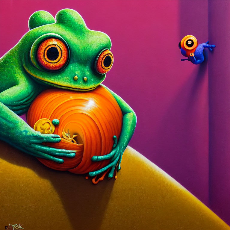 Colorful painting of green frog with orange eyes holding tomato with miniature scene inside.