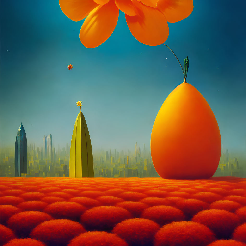 Surreal landscape with giant orange pear, small buildings, fluffy red spheres, and floating orange petals