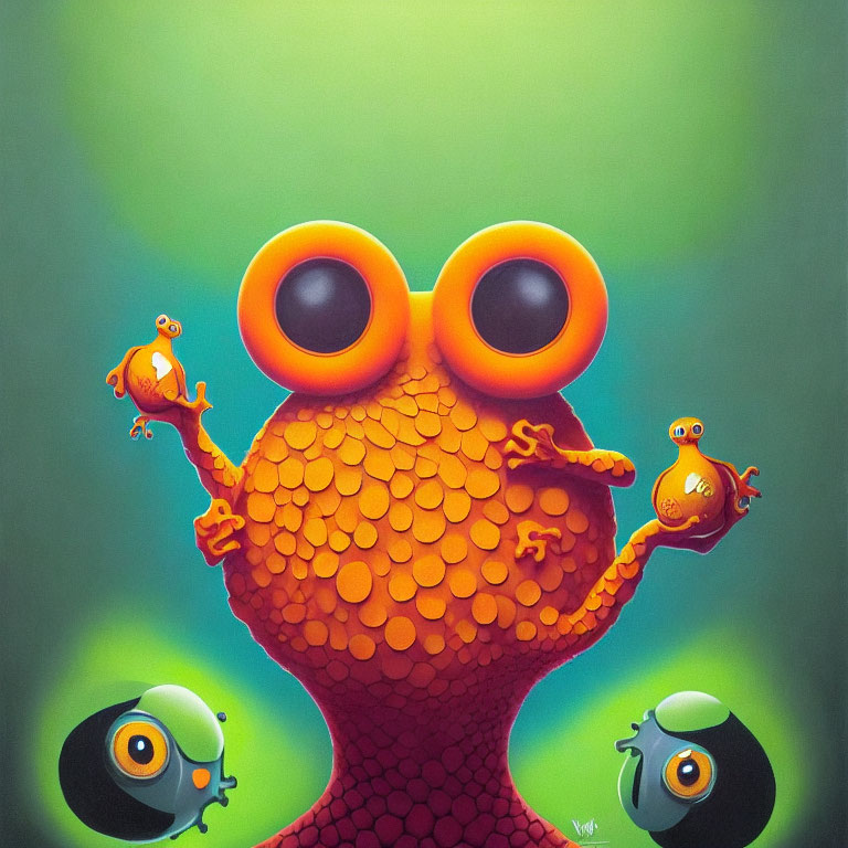 Whimsical creature with orange eyes in colorful illustration