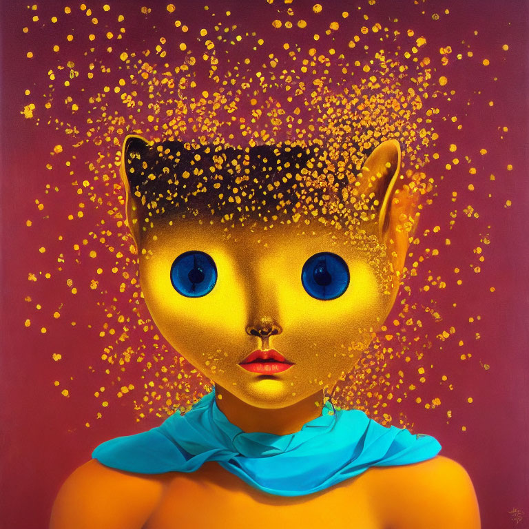 Surreal portrait of character with human-like face and cat-like ears on red background