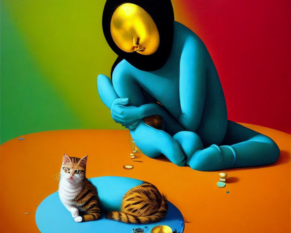 Surreal blue humanoid figure with golden face near cat, spilled pills, broken egg on vibrant background