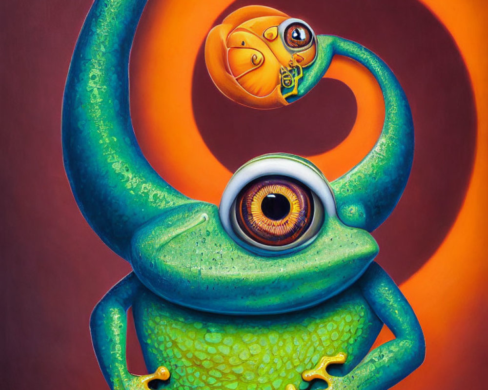 Vibrant artwork featuring stylized green frog with central eye and orange creature in spiral patterns