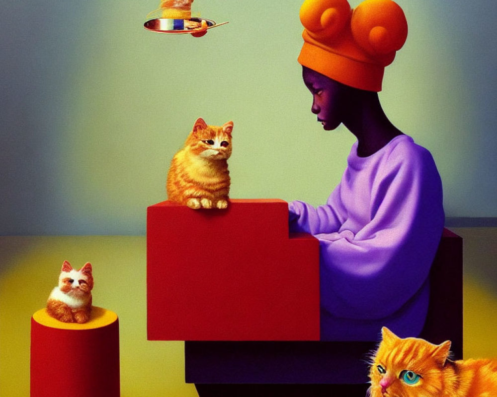 Person in Purple Sweater with Four Orange Cats in Surreal Setting