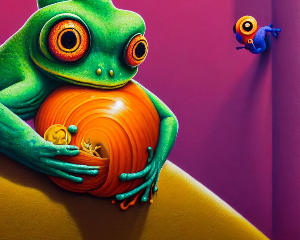 Colorful painting of green frog with orange eyes holding tomato with miniature scene inside.