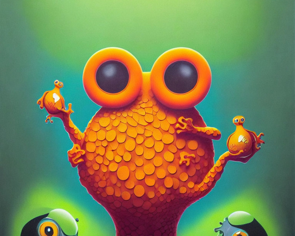 Whimsical creature with orange eyes in colorful illustration