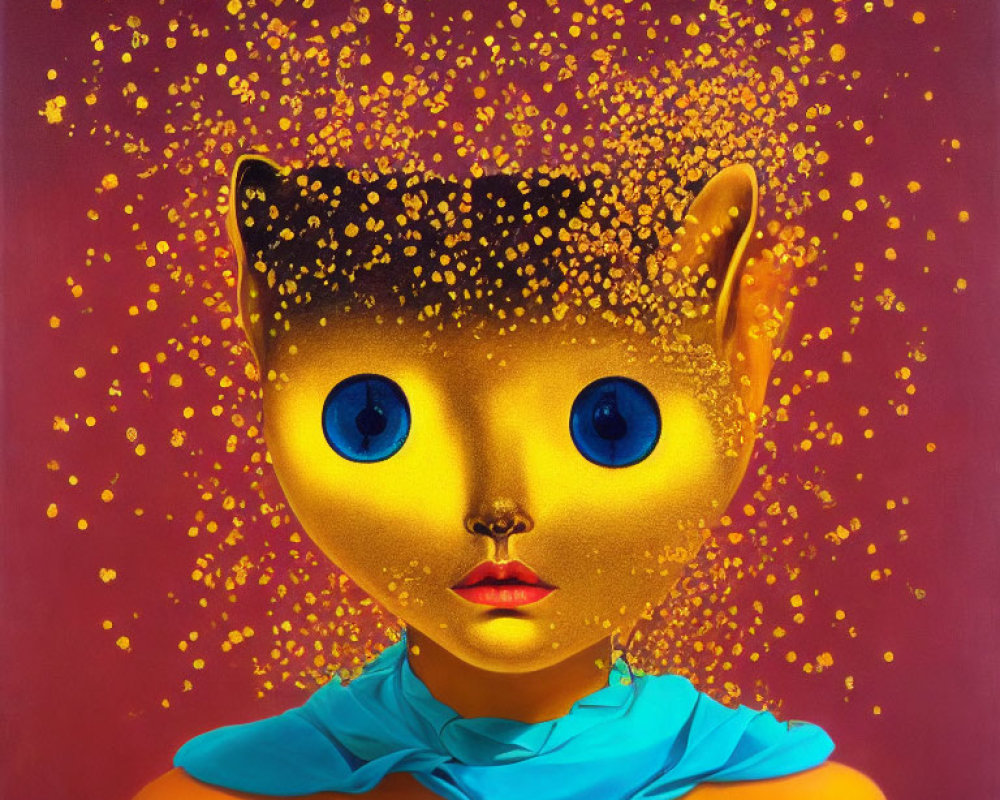 Surreal portrait of character with human-like face and cat-like ears on red background