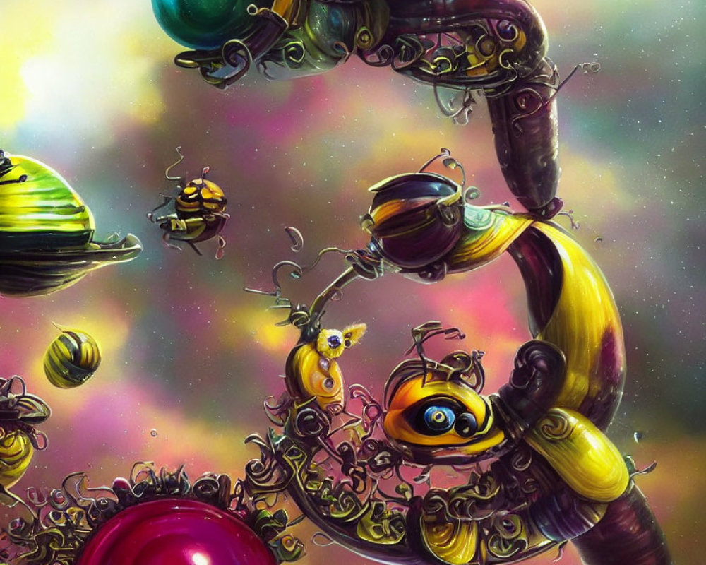 Colorful digital artwork: Whimsical robotic bees in dream-like setting