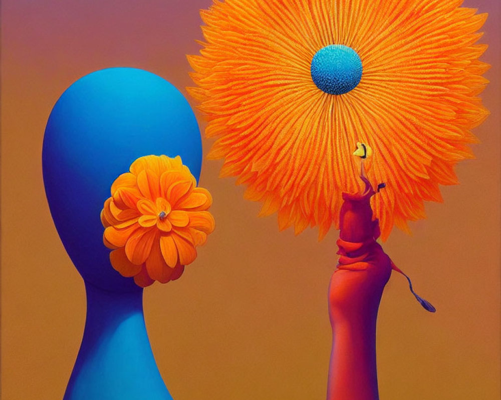 Stylized figures with floral heads exchanging flowers