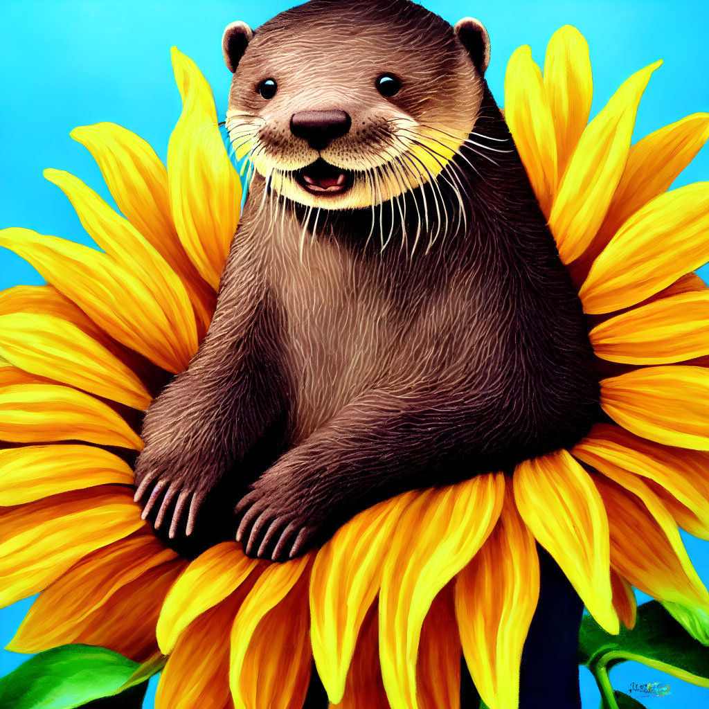 Cheerful otter on sunflower against blue background