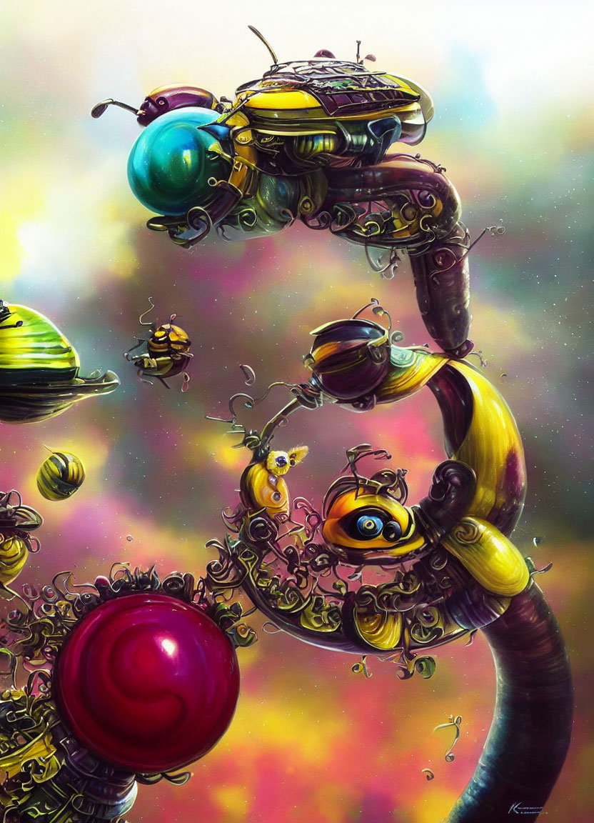 Colorful digital artwork: Whimsical robotic bees in dream-like setting