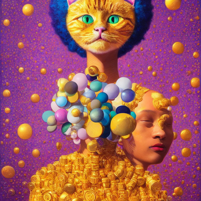 Surreal artwork: human body in coin dress, cat head, bubble ornaments