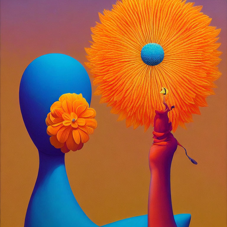 Stylized figures with floral heads exchanging flowers