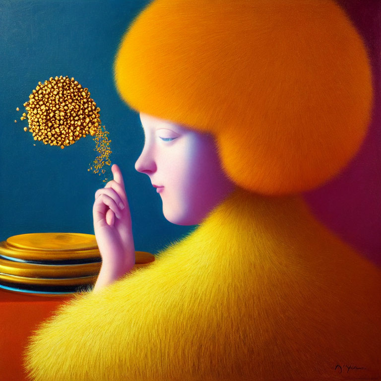 Surreal portrait of person in oversized yellow hat and coat with particles from fingertip