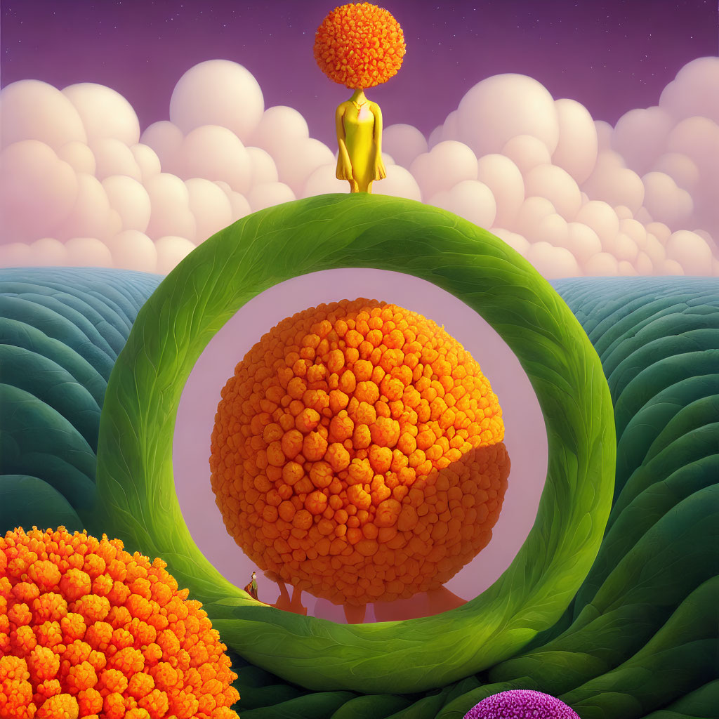 Person on Green Arch Overlooking Sphere Trees in Surreal Landscape