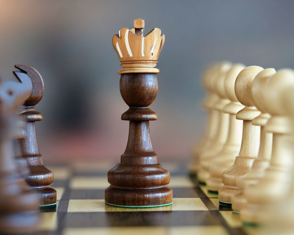 Wooden chess queen close-up on board with blurred pieces in background