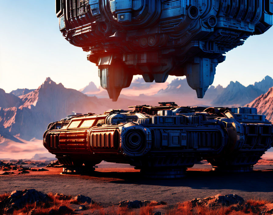 Futuristic spacecraft over red rocky landscape with mountains at sunrise