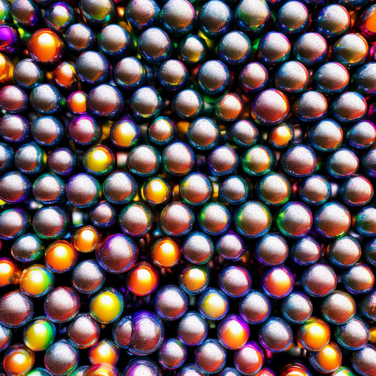 Colorful shiny spheres in vibrant iridescent hues closely packed together