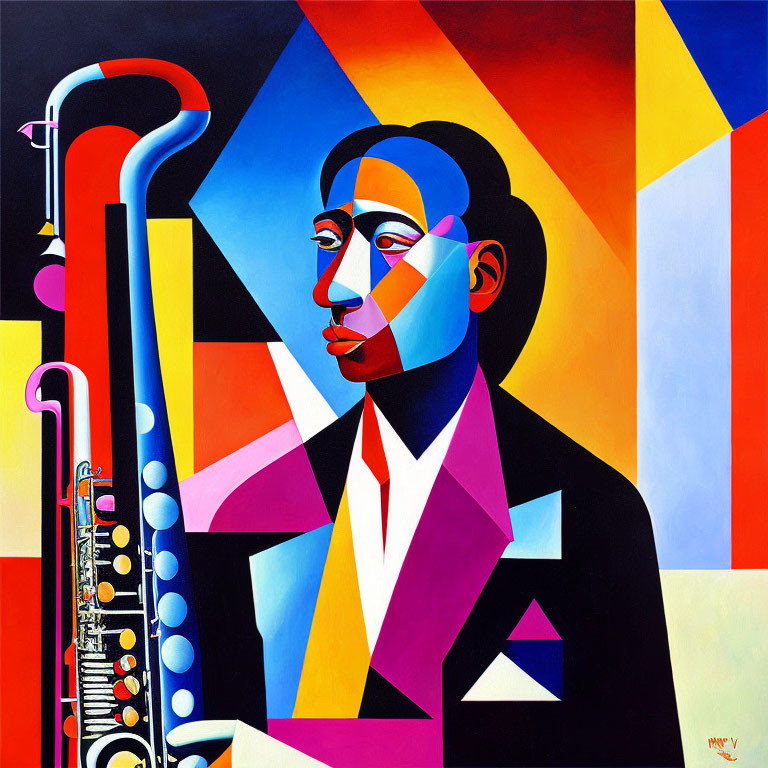 Vibrant Cubist Painting of Person with Saxophone