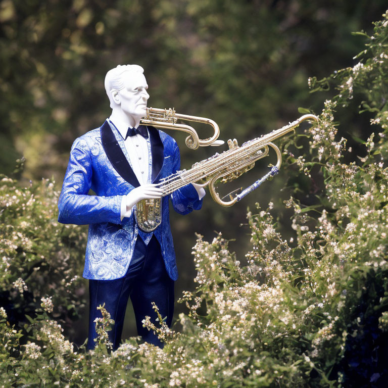 Performer in Blue Suit Playing Golden Trumpet Among Blooming Bushes