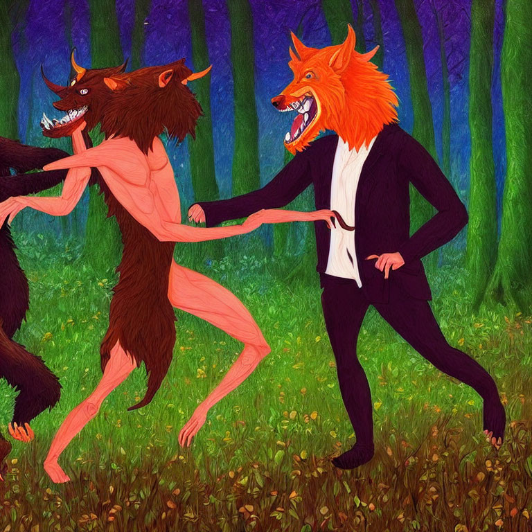 Anthropomorphic wolves in suit and naked face off in forest.