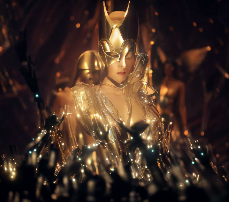 Golden armored female figure in ornate helmet amidst glowing elements and crowd in warm-lit scene