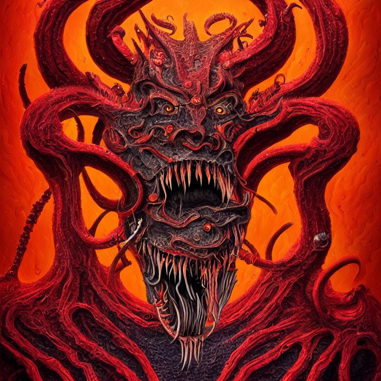 Vivid red demon with multiple horns and eyes, menacing expression