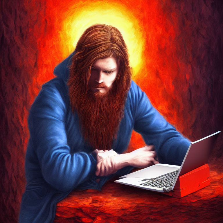 Bearded person in blue hoodie working on laptop against fiery backdrop