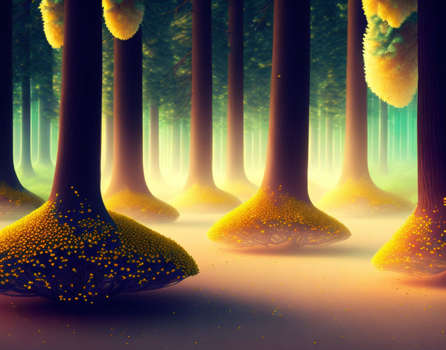 Enchanting forest scene with glowing yellow mushroom caps and tall dark trees