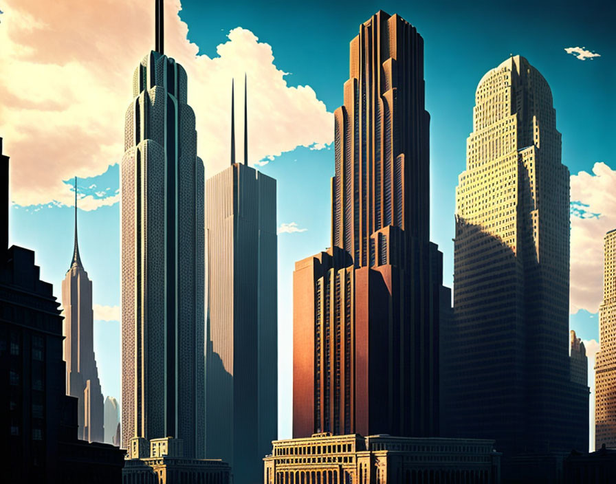 City skyline illustration with towering skyscrapers under a blue sky.