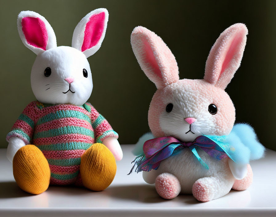 Colorful Plush Bunny Toys in Striped Sweater and Bow on Soft Background