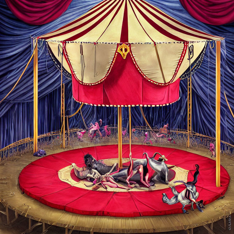 Fantastical creatures perform in illustrated circus ring