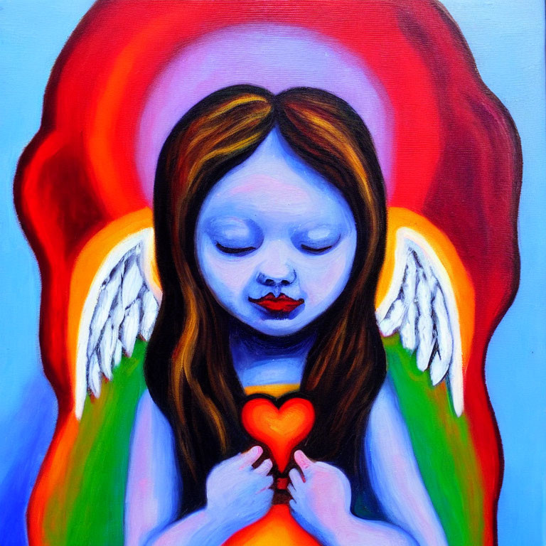 Colorful painting of angel with wings holding heart on rainbow background