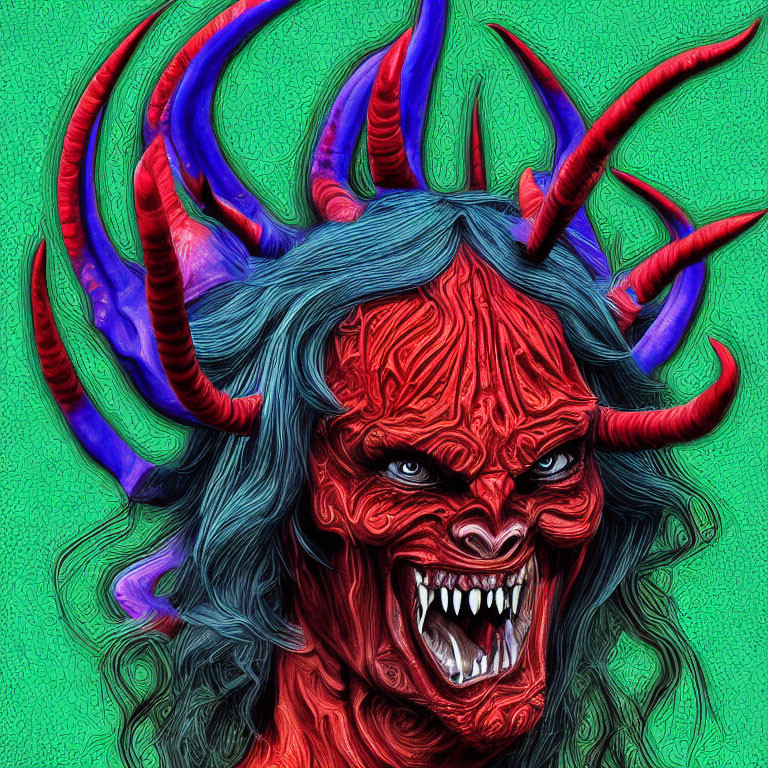 Vivid digital artwork: Red demonic creature with curled horns on green background