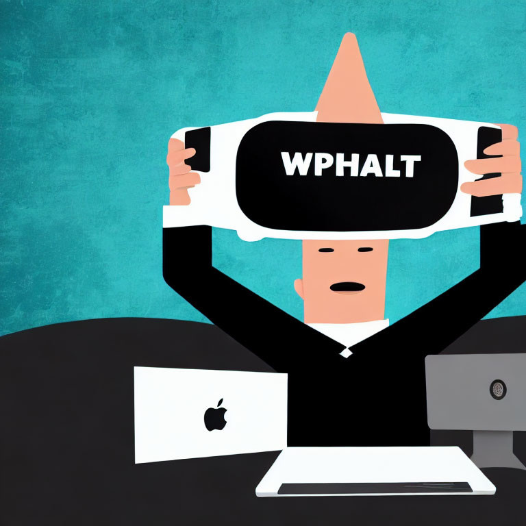 Business suit character holding VR headset with "WPHALT" text by computer with apple logo