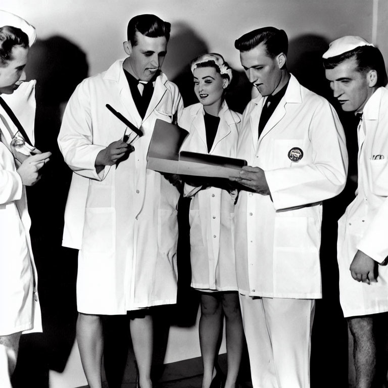 Group of five individuals in white lab coats discussing document closely