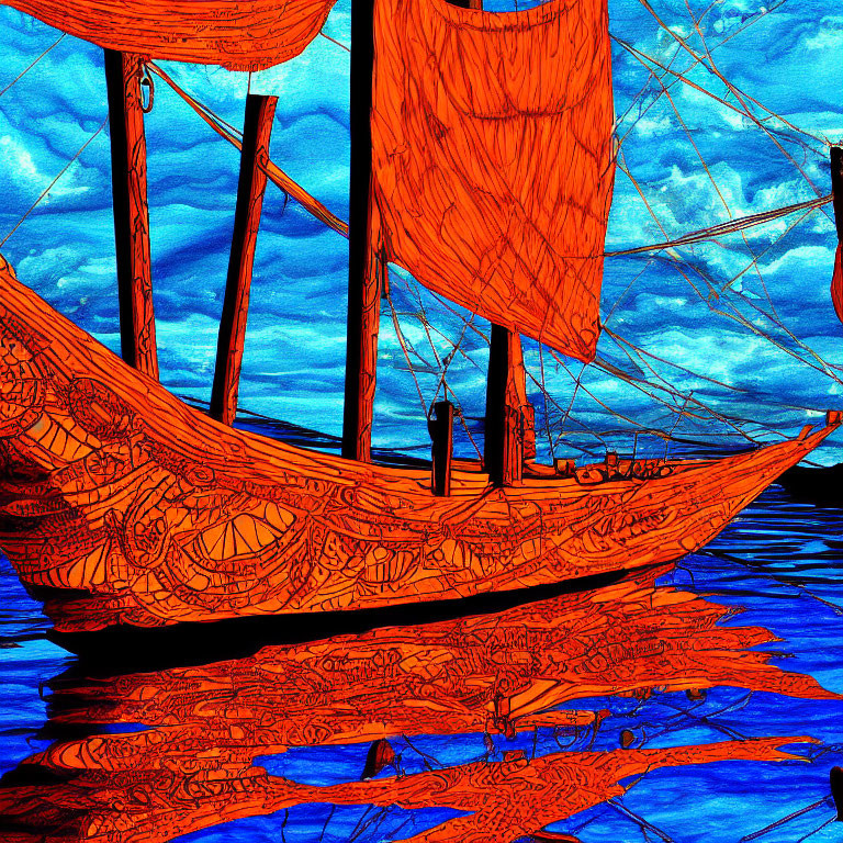 Vibrant orange sailboat on deep blue sea with intricate designs