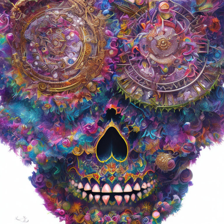 Colorful Psychedelic Skull Illustration with Gears and Floral Patterns