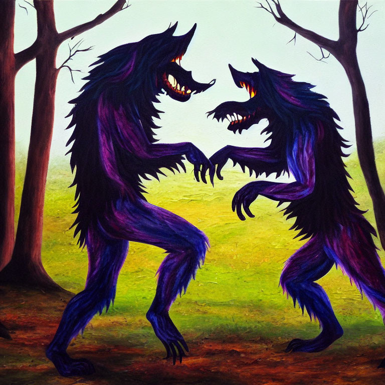 Stylized wolf-like creatures with fiery eyes in purple forest scene