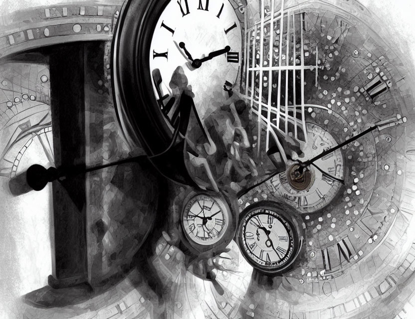 Abstract monochromatic art: Overlapping clocks of various sizes and styles depict chaotic, distorted time.