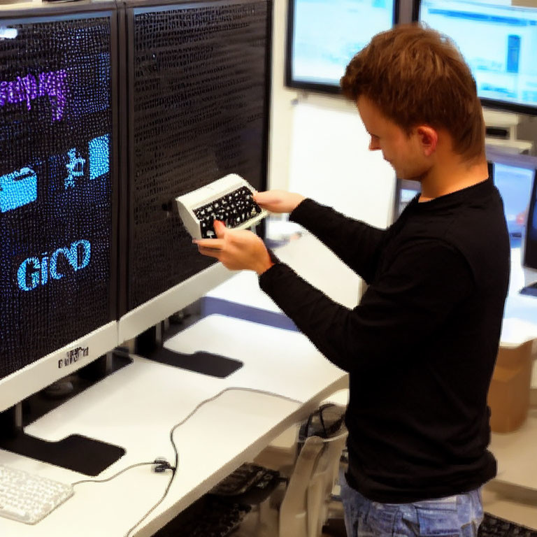 Man in casual shirt using handheld device at desk with digital graphics on monitors