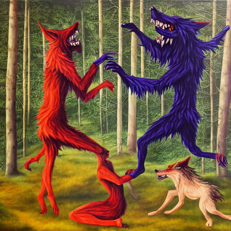 Anthropomorphic red and blue wolves fighting in forest with natural-colored wolf watching