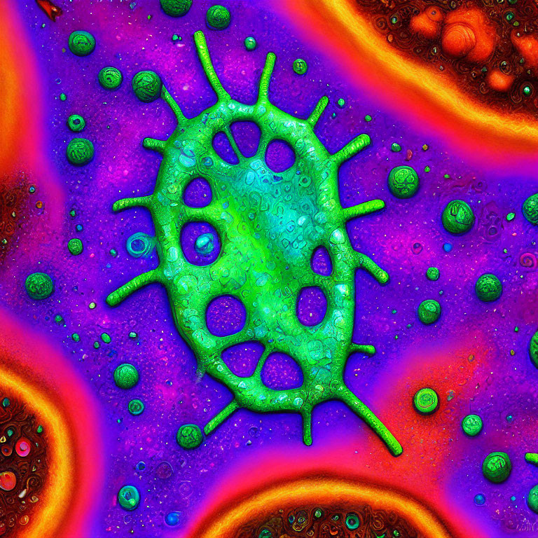 Colorful Digital Artwork of Green Virus Cell in Red and Purple Background