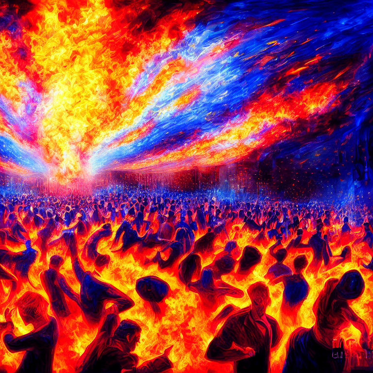 Abstract painting of large crowd in blue tones against fiery sky