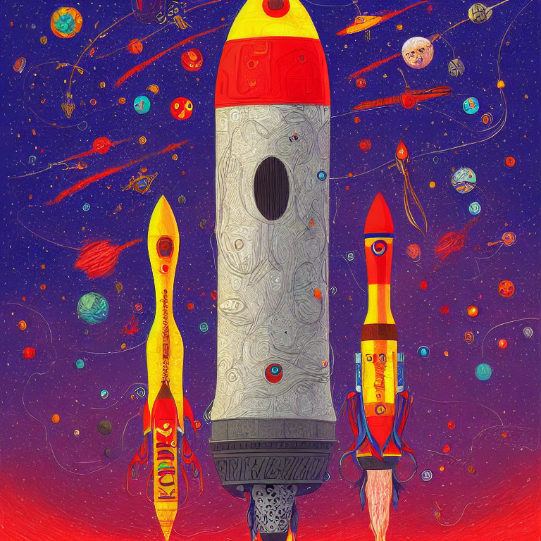 Vibrant illustration of three rockets in colorful space