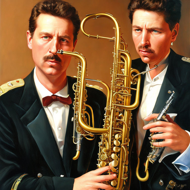 Realistic painting of identical twins in formal attire with tuba and clarinet under warm light