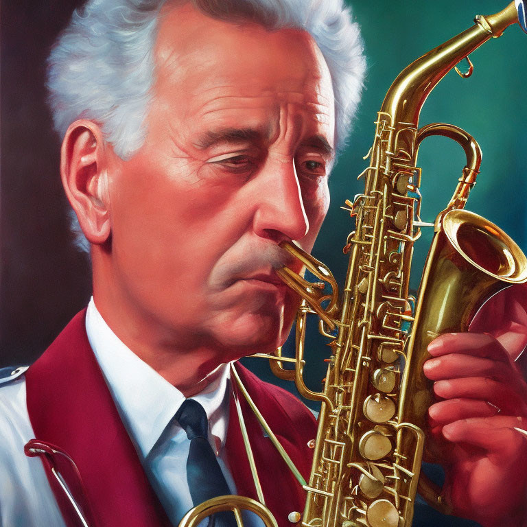 Elderly man playing saxophone in red vest